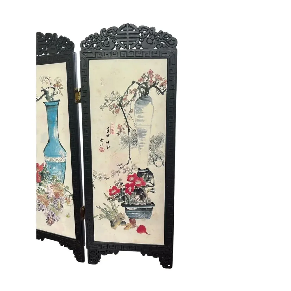 Vintage Dollhouse Miniature Asian 4 Panel Folding Screen